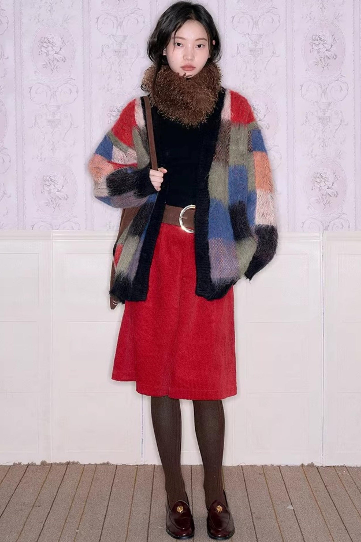 Color-Block-Strickjacke aus Wolle mit Karomuster