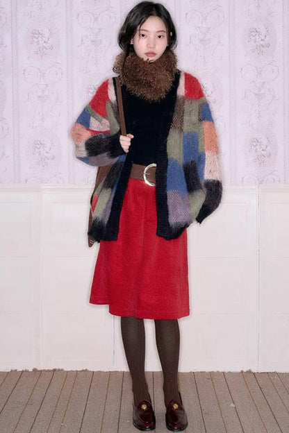 Color-Block-Strickjacke aus Wolle mit Karomuster