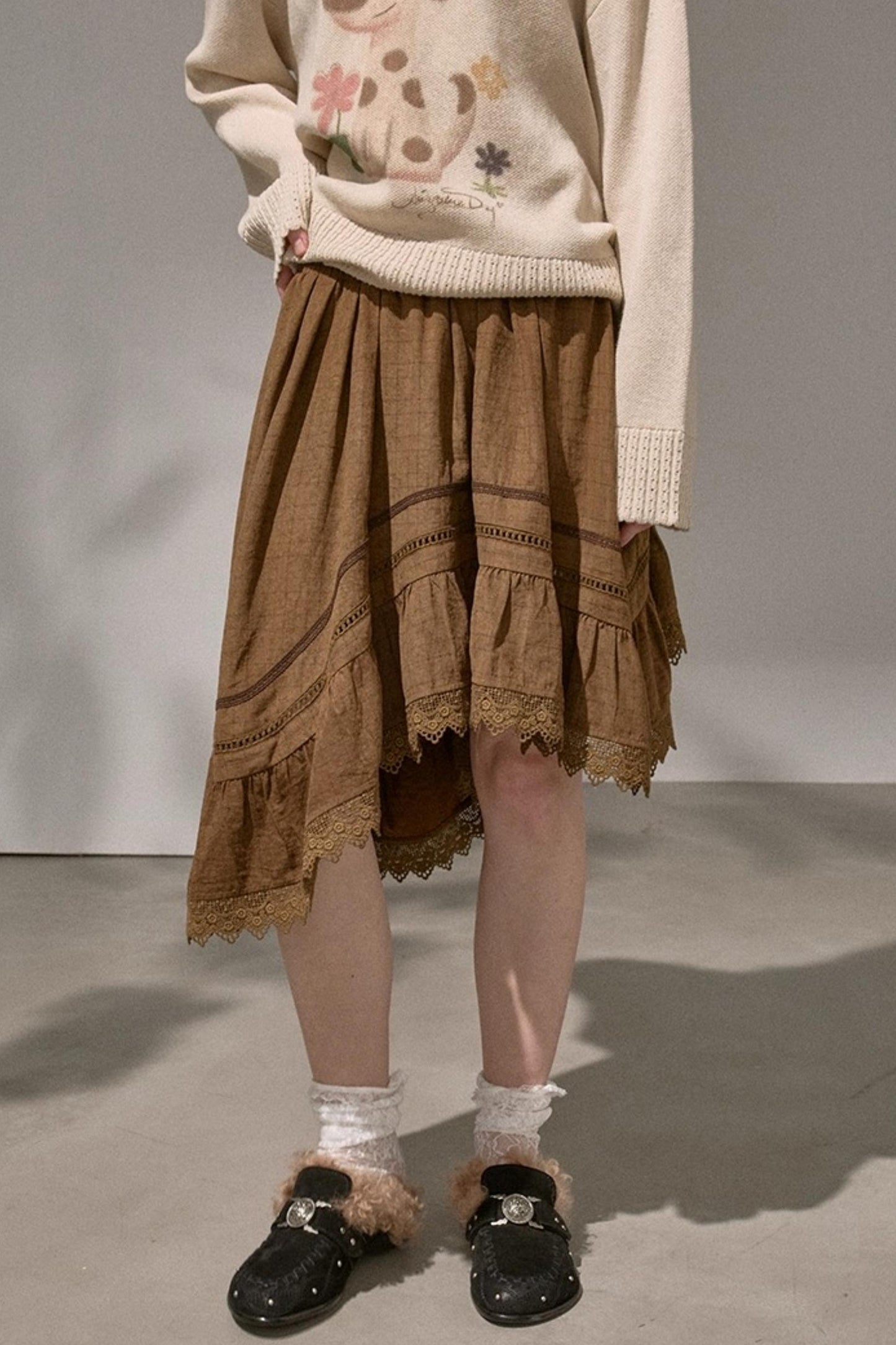 Wave Stitching Plaid Midi Skirt