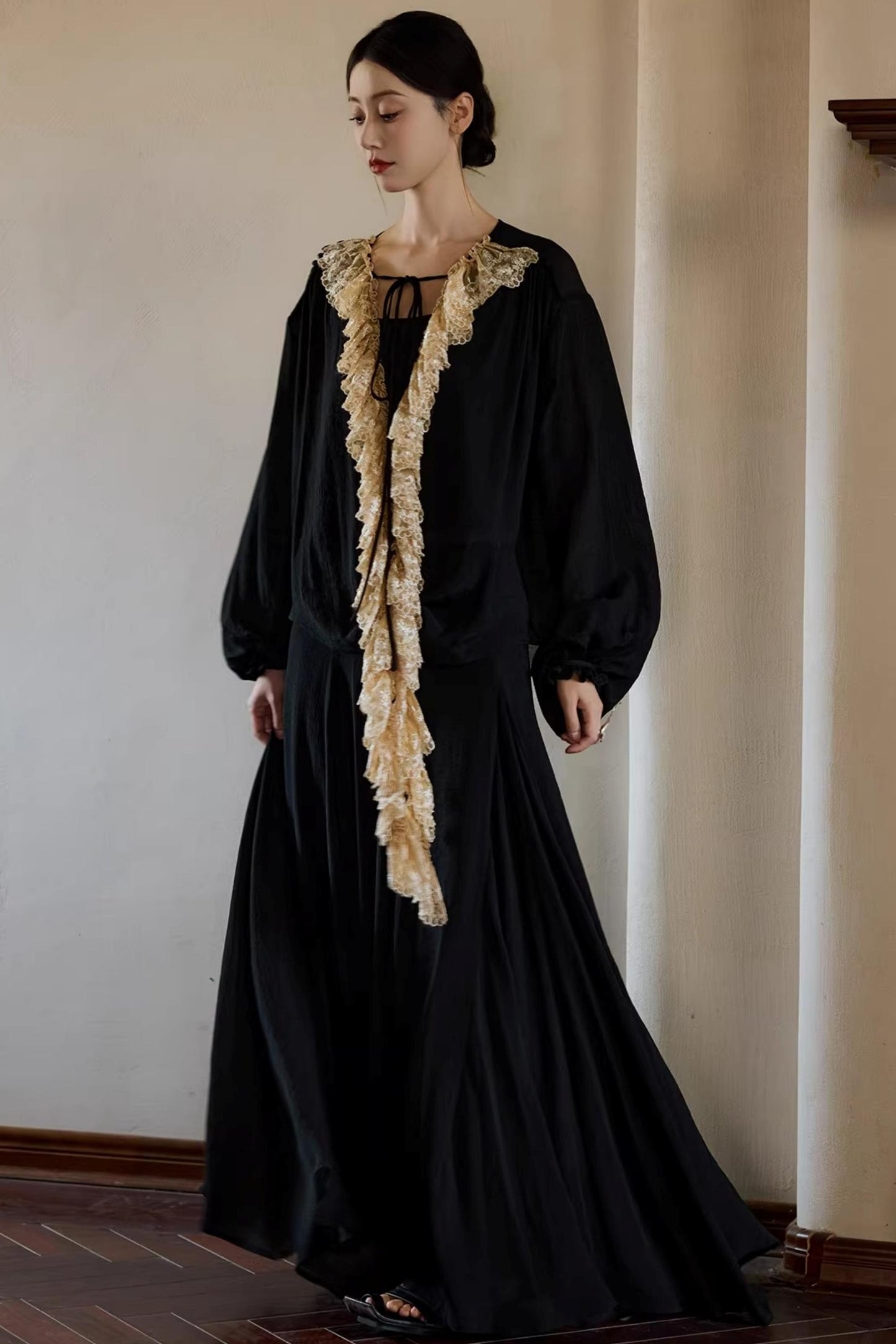 Plant-Dyed Lace Sleeve Shirt Set-Up