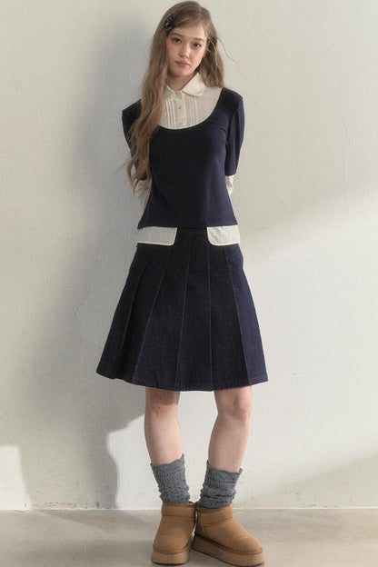 Retro Navy Faux Two-Piece Top