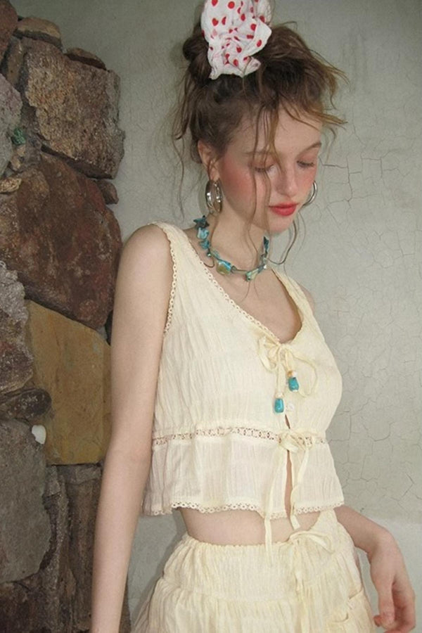 Beige Textured Lace Skirt Set-Up