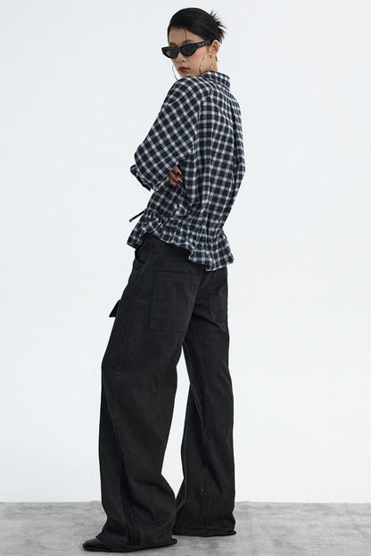 Navy Plaid Drawstring Top