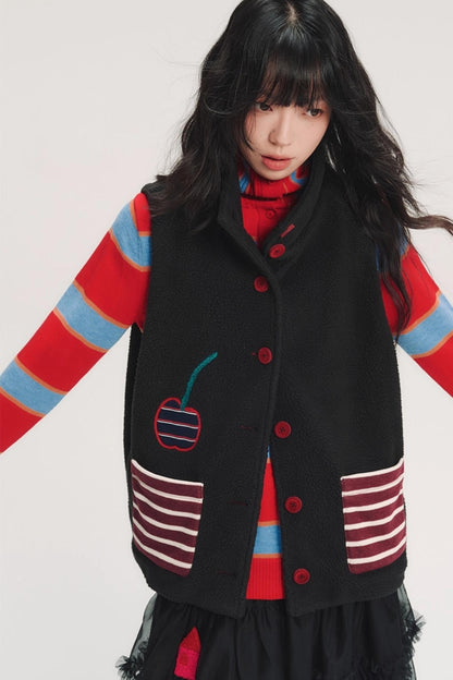 Hand-Painted Cherry Applique Vest Jacket