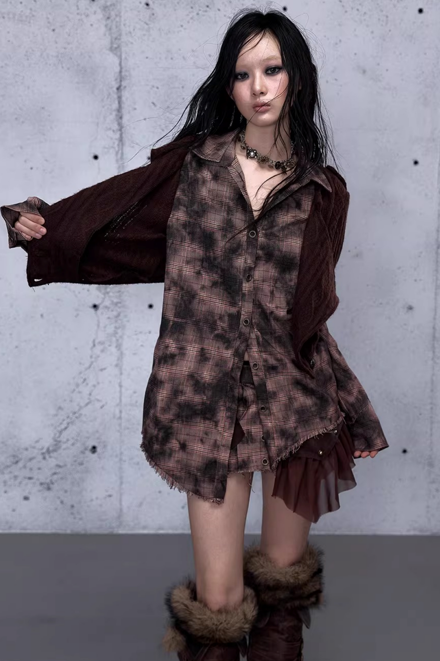 Plaid Knit Irregular Top