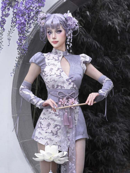 Dragon Pattern Chinese Dress & Ribbon Flower Girdle