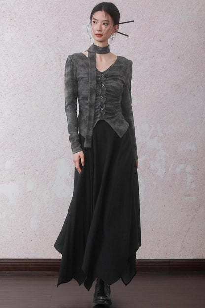 Autumn Gray Tie-dye Knitted V-Neck T-Shirt