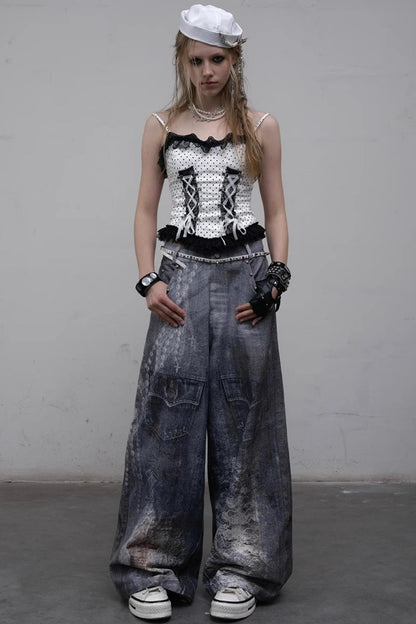 Printed Blue Wide-Leg Denim Pants