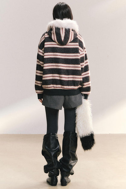 Detachable Fur Collar Striped Jacket