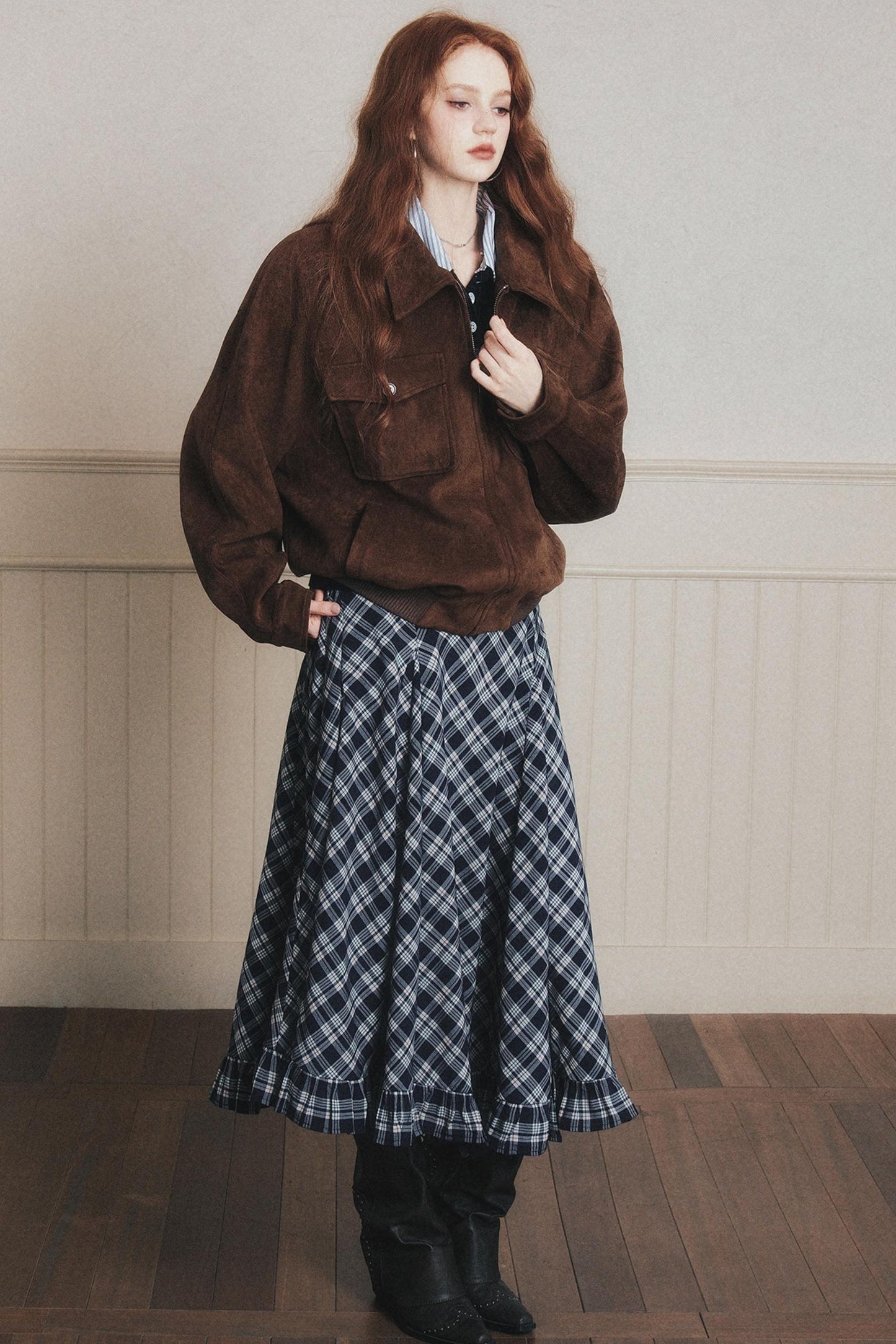 Navy Blue Check A-Line Swing Skirt