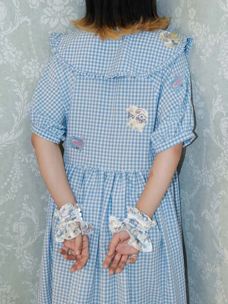 Sheep Embroidery Plaid Frill Dress