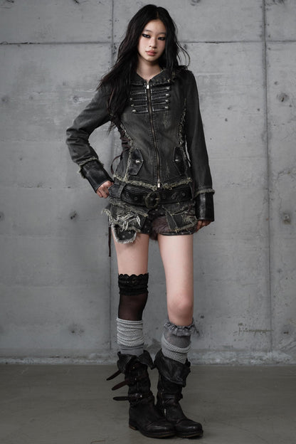 Distressed Denim Slim Fit Hooded Coat