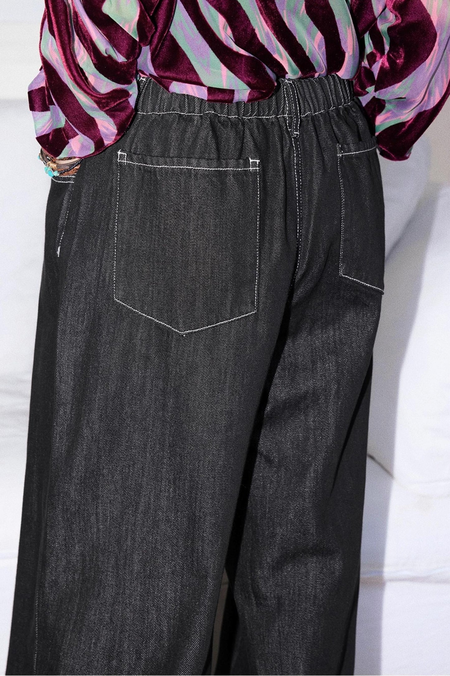 Black Washed Elastic Waist Wide-Leg Jeans