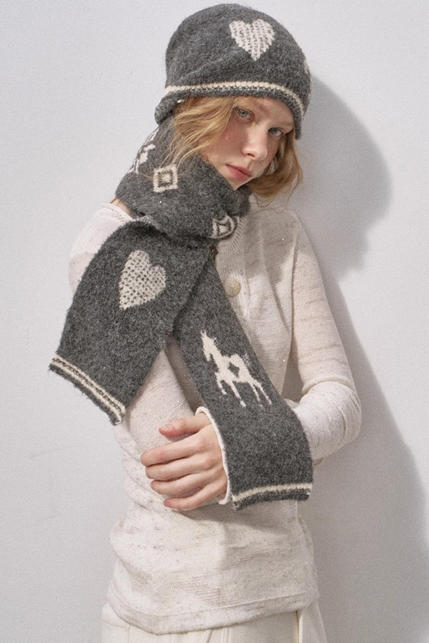 Love Pony Knitted Plush Warm Hat Scarf Set-Up