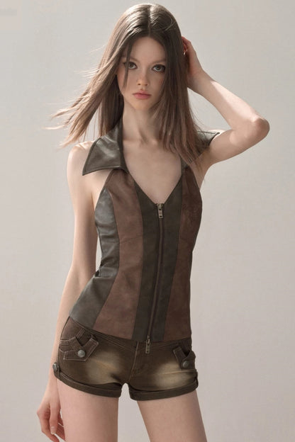 Retro Lapel Halter Vest