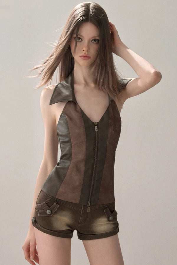 Retro Lapel Halter Vest