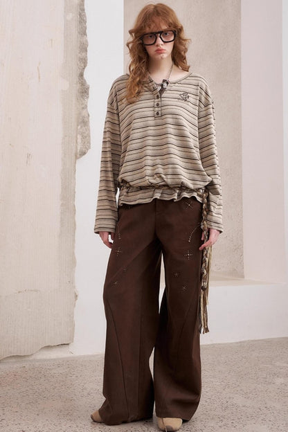 Vintage Brown Striped Loose T-Shirt