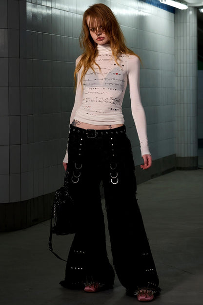 Wool Blend Striped Turtleneck Top