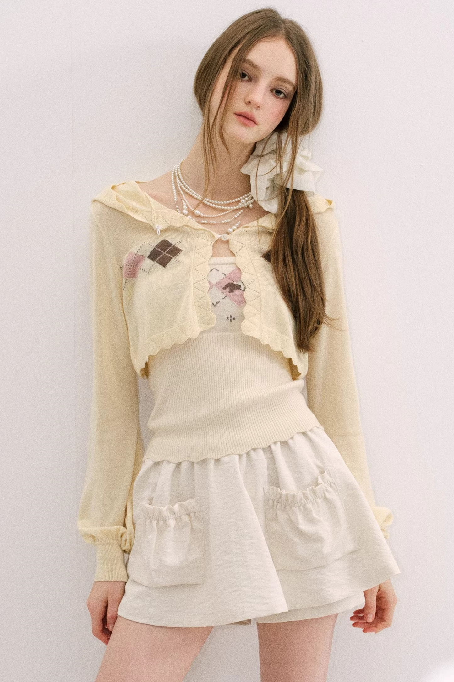 Yellow-Blue Diamond Hooded Cardigan Set-Up