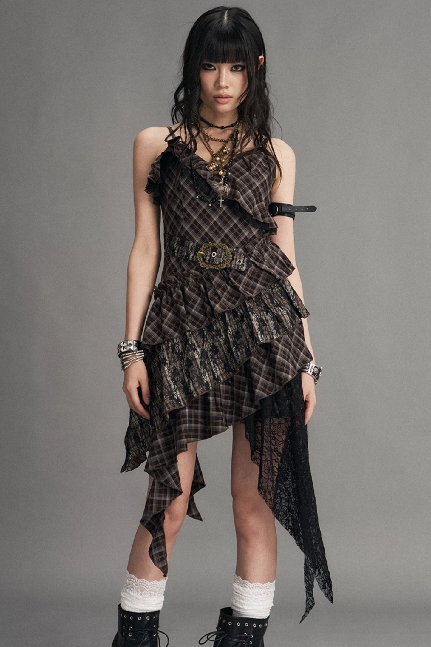 Retro Irregular Plaid Dress