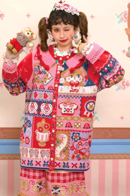 Rot-Marineblaue Jacquard-Strickjacke