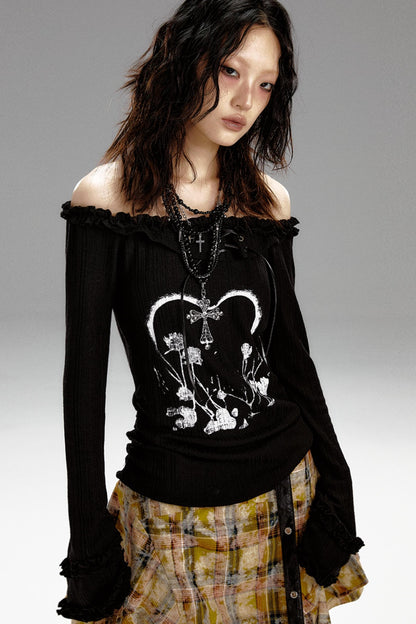 Retro Slim Print Hooded Knit Top