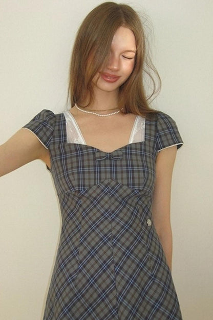 Plaid Lace Bow Short Sleeve Dress