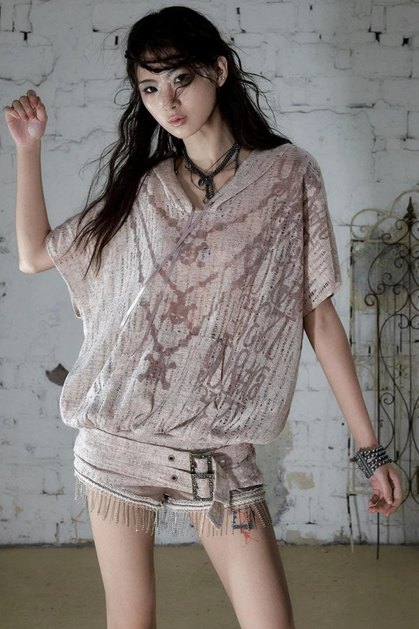 Punk Ripped Knit Hooded Blouse