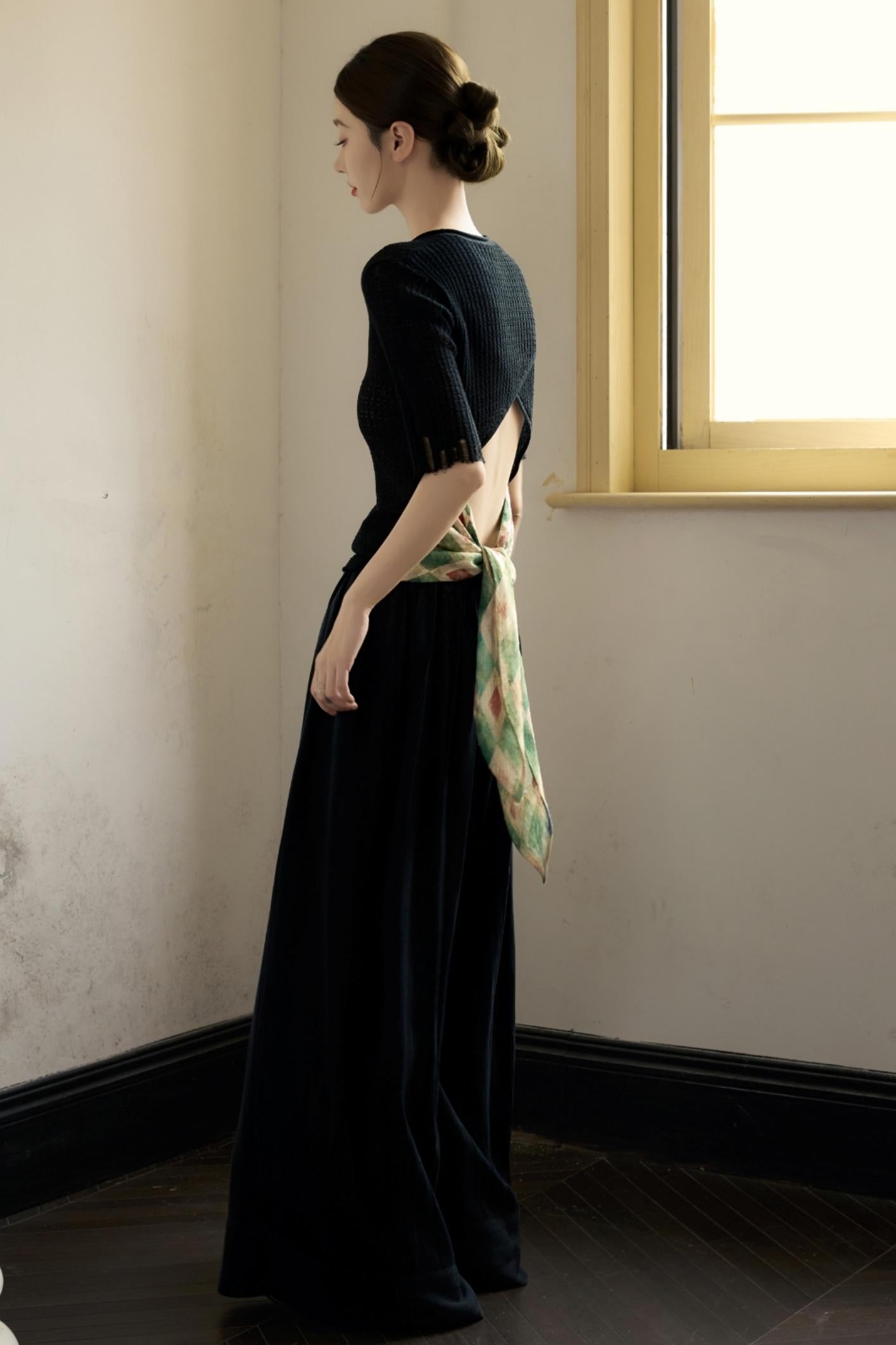 Black Knitted Contrast T-Shirt