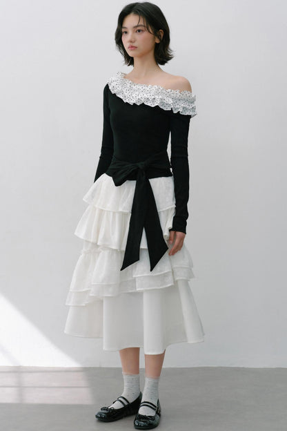 Slanted Polka Dot Long-Sleeved T-Shirt