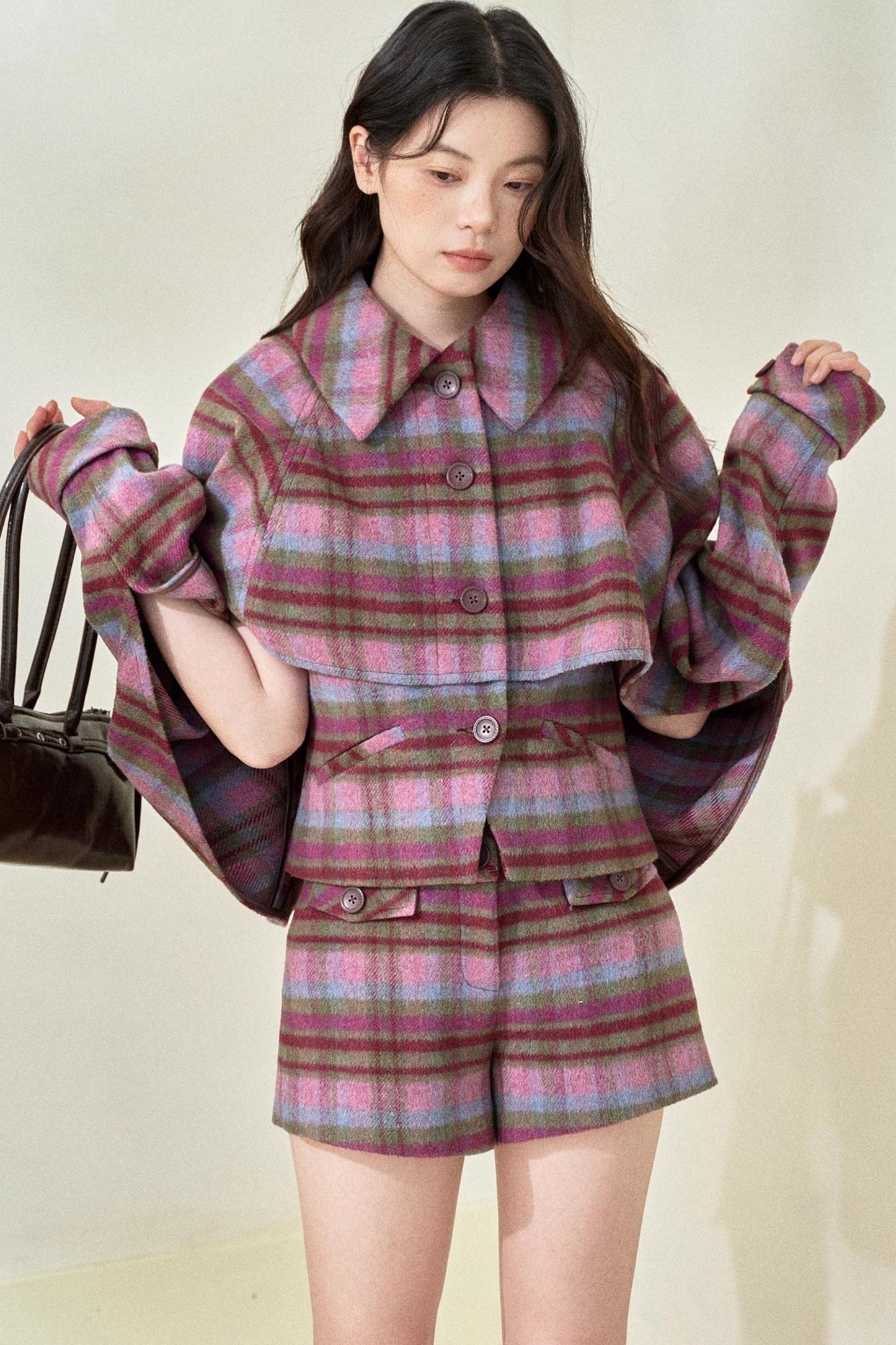 Pink-Purple Wool Plaid Cape Set-Up