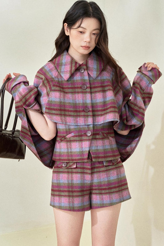 Pink-Purple Wool Plaid Cape Set-Up