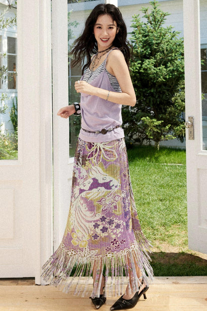 Pleated Satin Floral Skirt