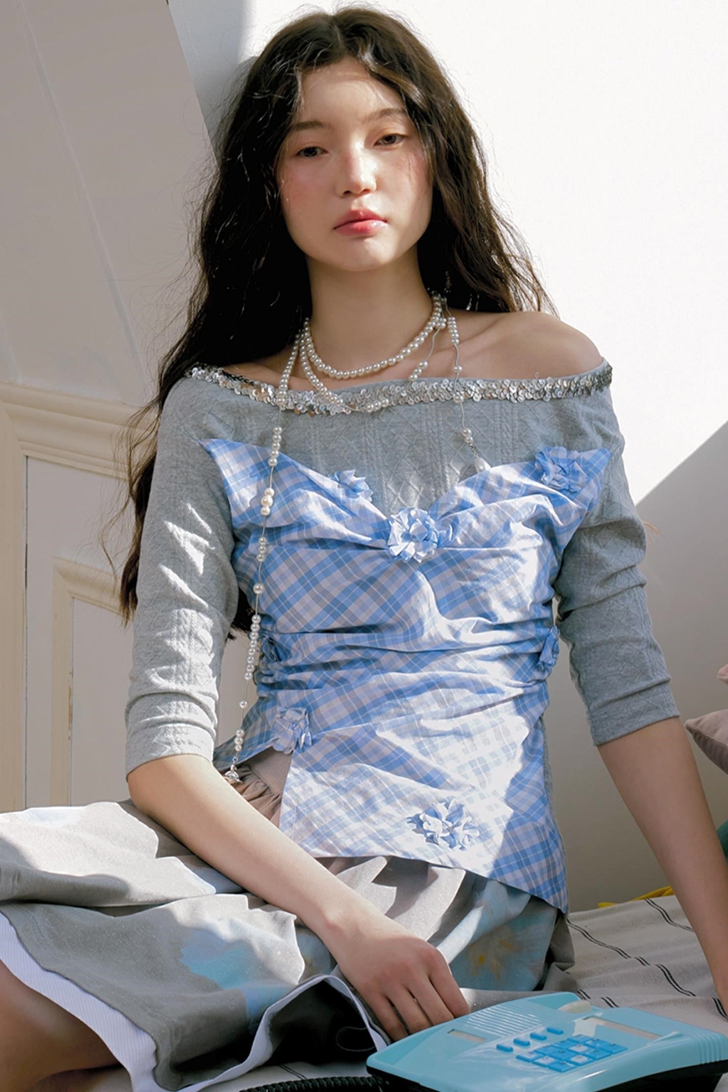 Gray Blue Plaid Knit Top