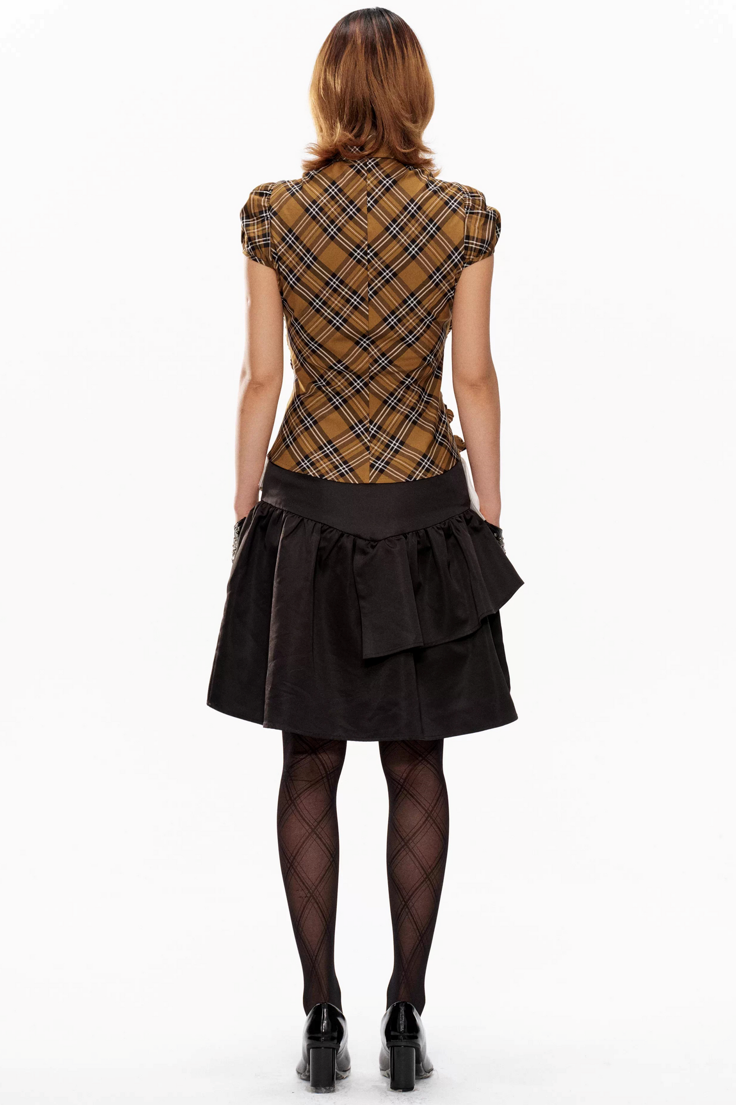 Yellow Plaid Puff-Sleeve Blouse