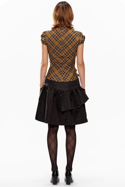 Yellow Plaid Puff-Sleeve Blouse