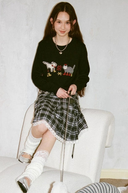 Kitten And Puppy Embroidered Wool Blend Knit Sweater