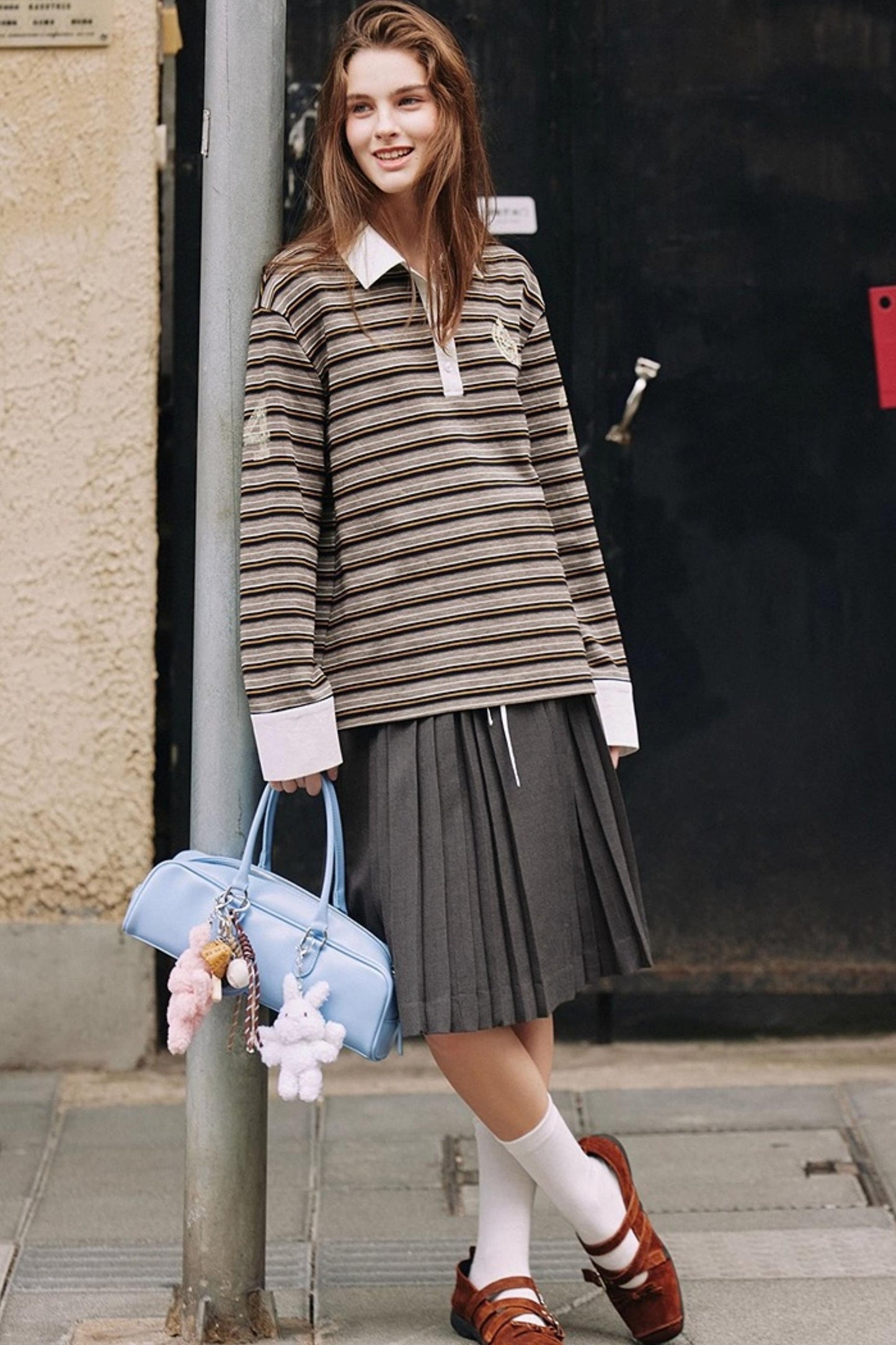 Gray Wool Blend Pleated Skirt