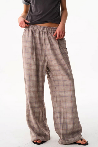 Blue Plaid Wide-Leg Pants