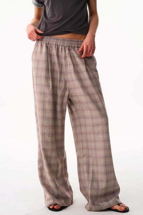 Blue Plaid Wide-Leg Pants