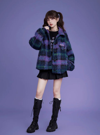 Loose checkered longhair casual jacket