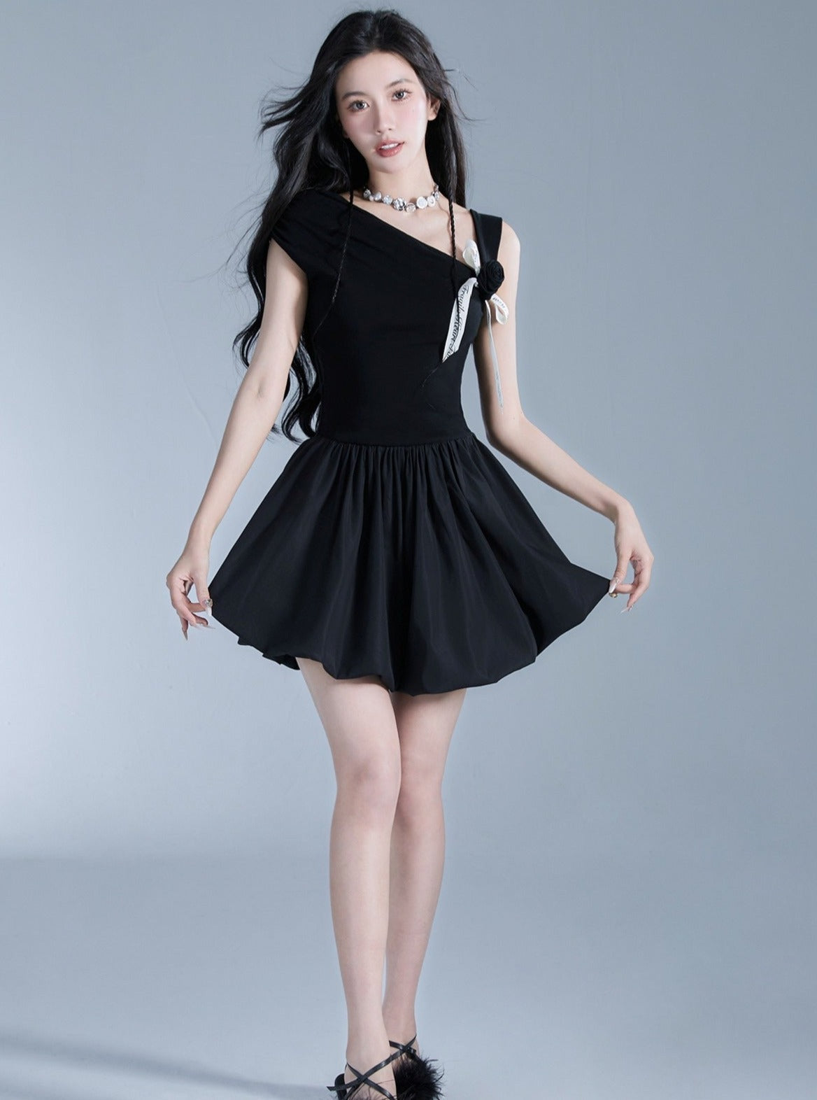 Knitted Slanted Shoulder Tuff Dress