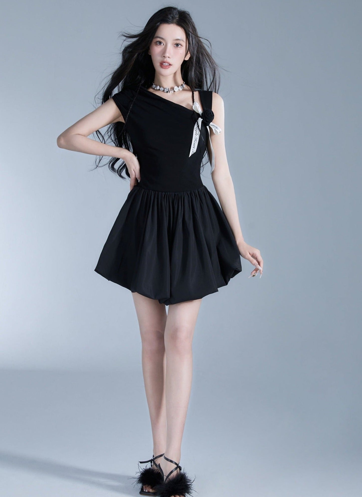 Knitted Slanted Shoulder Tuff Dress