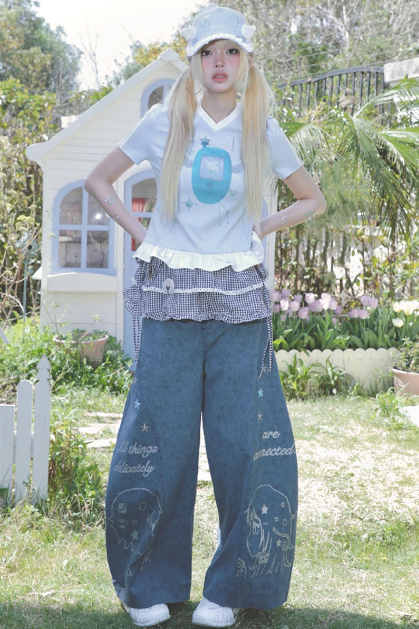 Blue Ruffle V-Neck Tee