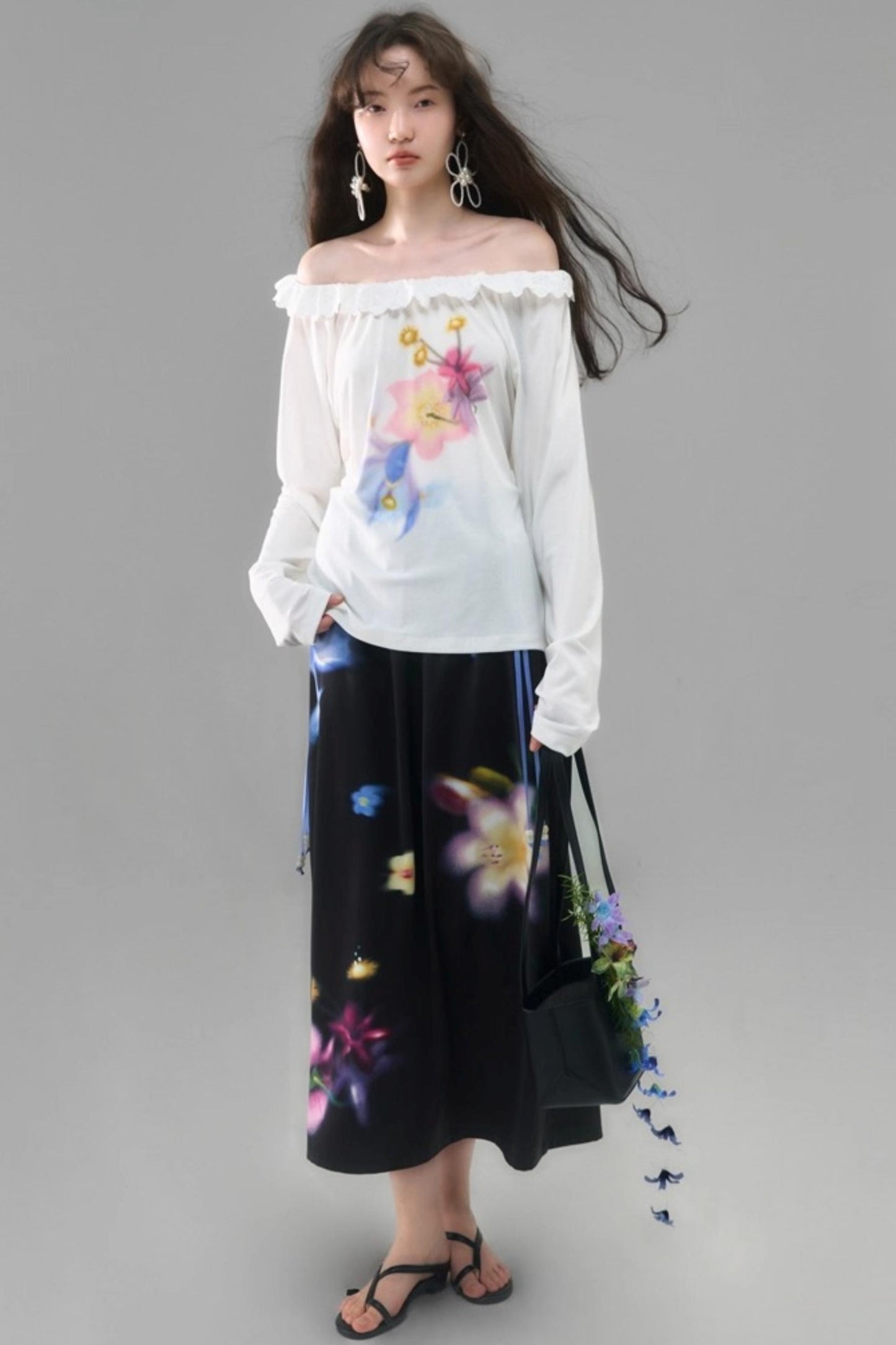 Slanted Shoulder Long-Sleeved Tencel Tee