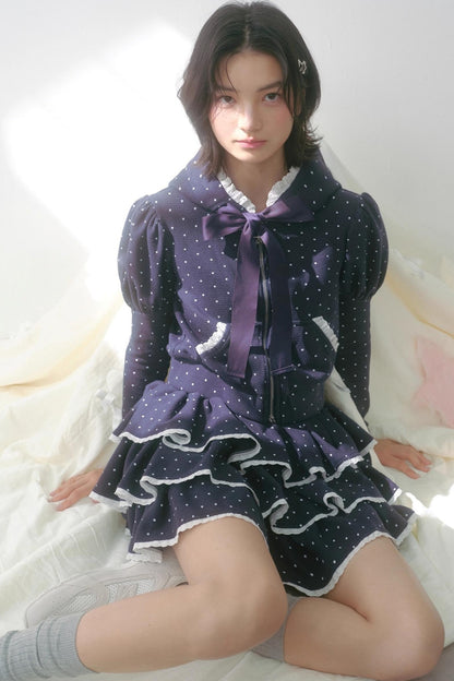 Navy Polka Dot Hooded Tracksuit Set-Up