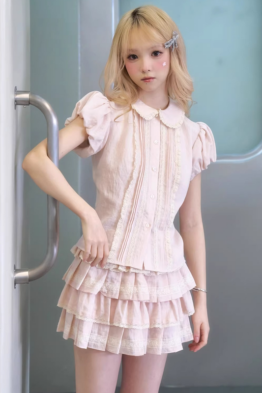 Peach Lace Doll Collar Blouse Set-Up