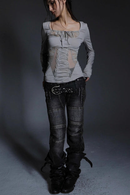 Shoulder Lace Girly Slim Long Sleeve T-Shirt