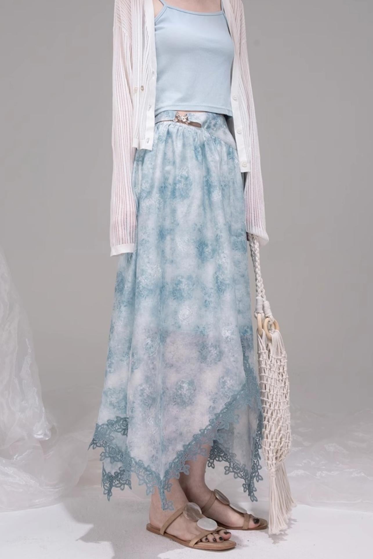 Blue Bow-Collar Shirt & Cutout Skirt Set