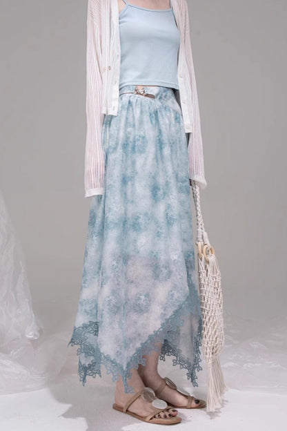 Blue Bow-Collar Shirt & Cutout Skirt Set